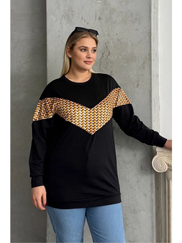 Stil Diva Büyük Beden Bisiklet Yaka Uzun Kollu Desenli Sweatshirt 300334