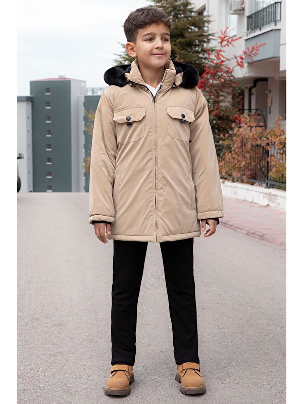 Bilen Kids Bej Çıtçıtlı Göğüs Cepli İçi Kürklü Erkek Çocuk Kapüşonlu Mont 21352