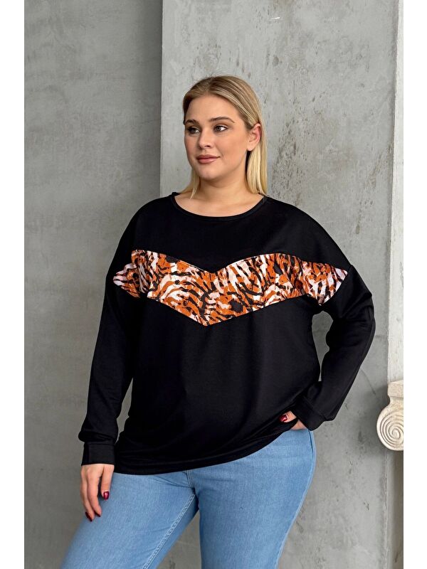 Stil Diva Büyük Beden Bisiklet Yaka Uzun Kollu Leopar Desenli Sweatshirt 300281