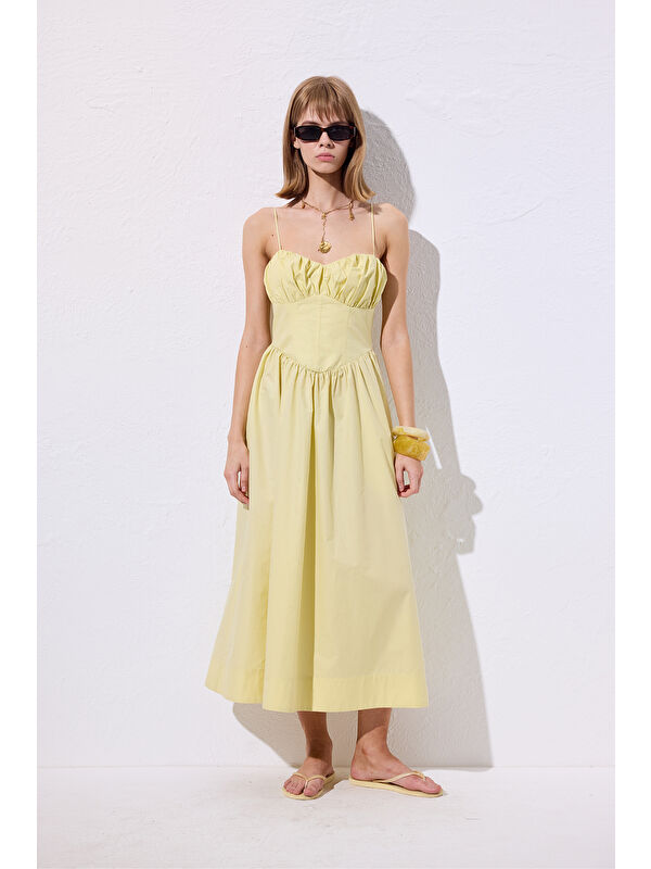 Manuka Büzgülü Korsajlı Elbise Sarı