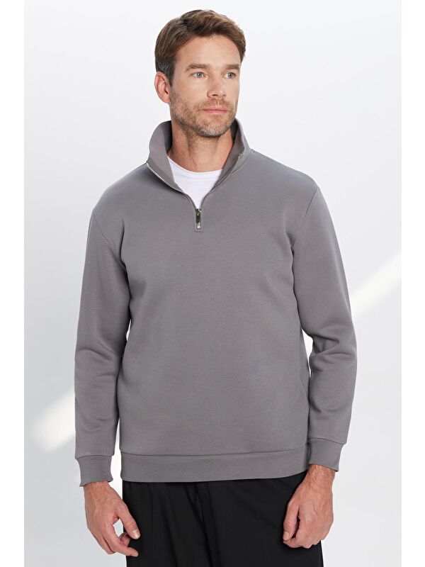 TUDORS Unisex Relax Fit Rahat Kesim Pamuklu İçi Polarlı Yarım Fermuarlı Gri Dik Yaka Sweatshirt