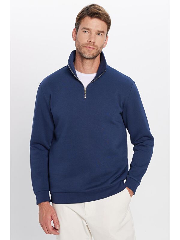 TUDORS Unisex Relax Fit Rahat Kesim Pamuklu İçi Polarlı Yarım Fermuarlı Lacivert Dik Yaka Sweatshirt