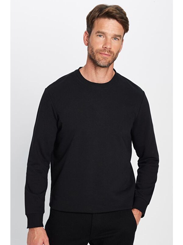 TUDORS Unisex Relax Fit Rahat Kesim Pamuklu Yumuşak Dokulu İçi Polarlı Basic Siyah Bisiklet Yaka Sweatshirt