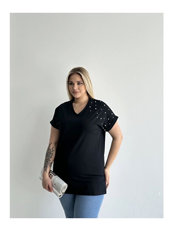 Stil Diva Büyük Beden Kısa Kollu V Yaka Yanları Yırtmaçlı Boncuklu Basic T-shirt RFT-04
