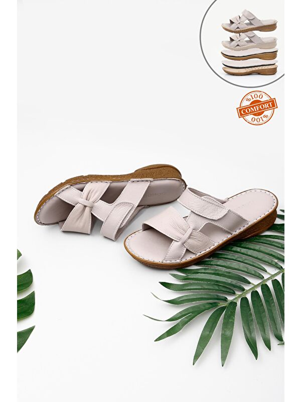 KREM Hakiki Deri Dolgu Taban Kadın Terlik 42350 - Görsel 3