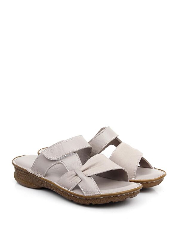 KREM Hakiki Deri Dolgu Taban Kadın Terlik 42350 - Görsel 5