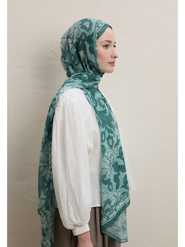 Fresh Scarfs Leone Desen İpek Krep Şal Yeşil