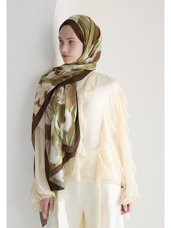 Fresh Scarfs Irıs Garden Floş Viskon Şal Kahve