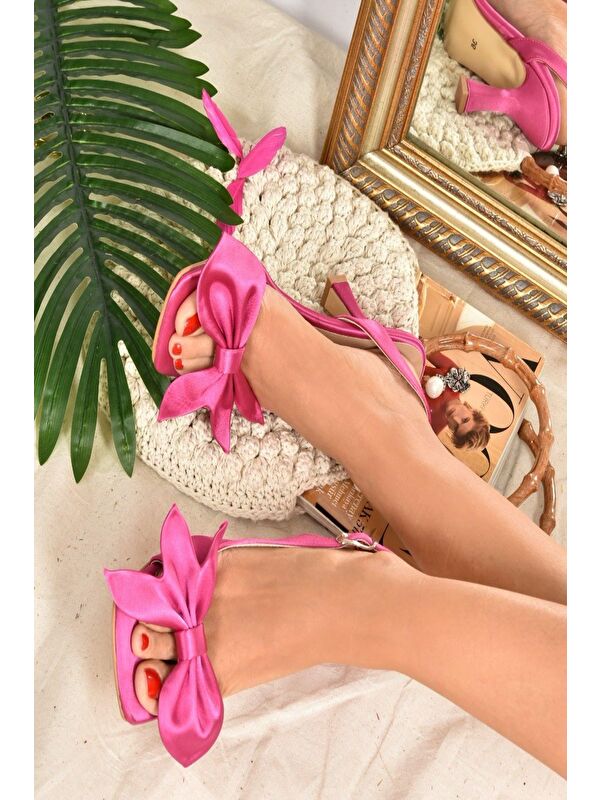 Fuşya Saten Kurdele Detaylı Kadın Topuklu Ayakkabı K749384904 - Görsel 5