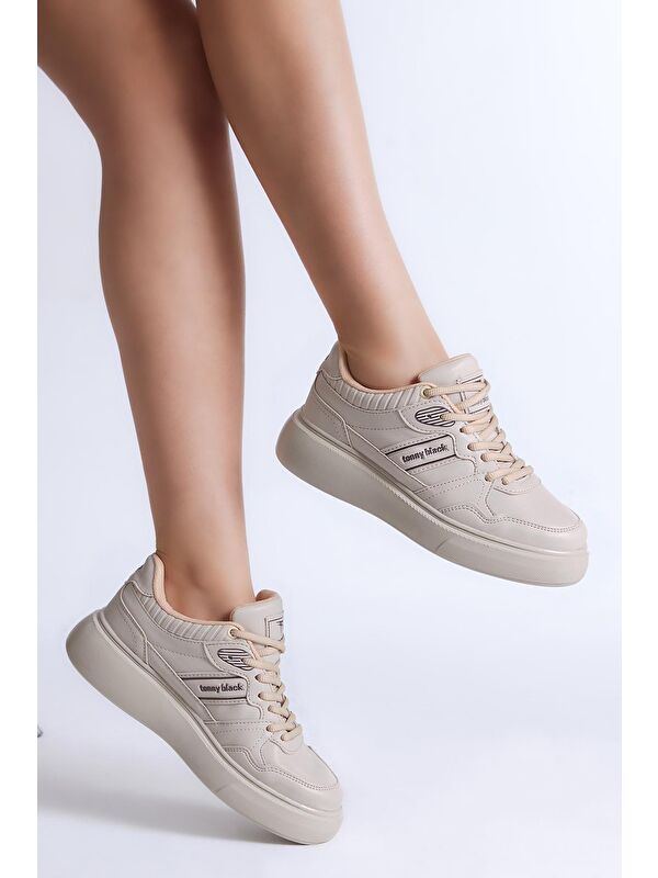 Kadın Bej Beyaz Siyah Poli Taban Yanı Şeritli Bağcıklı Sneaker - Görsel 3