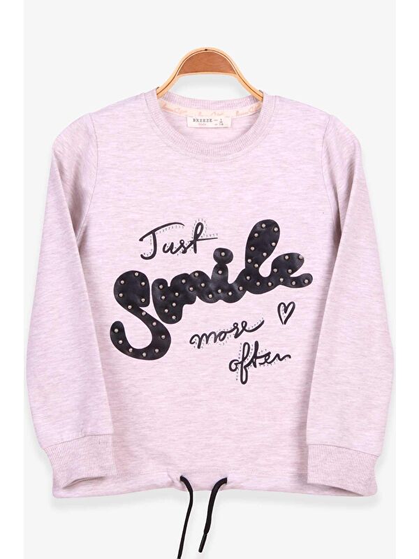 Breeze Kız Çocuk Sweatshirt İncili Taşlı Beli Bağcıklı Bej Melanj (6-12 Yaş)