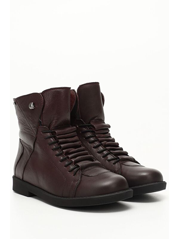 BORDO Hakiki Deri Yuvarlak Burun Kauçuk Taban Bağcıklı Kadın Günlük Bot 52472 - Görsel 3