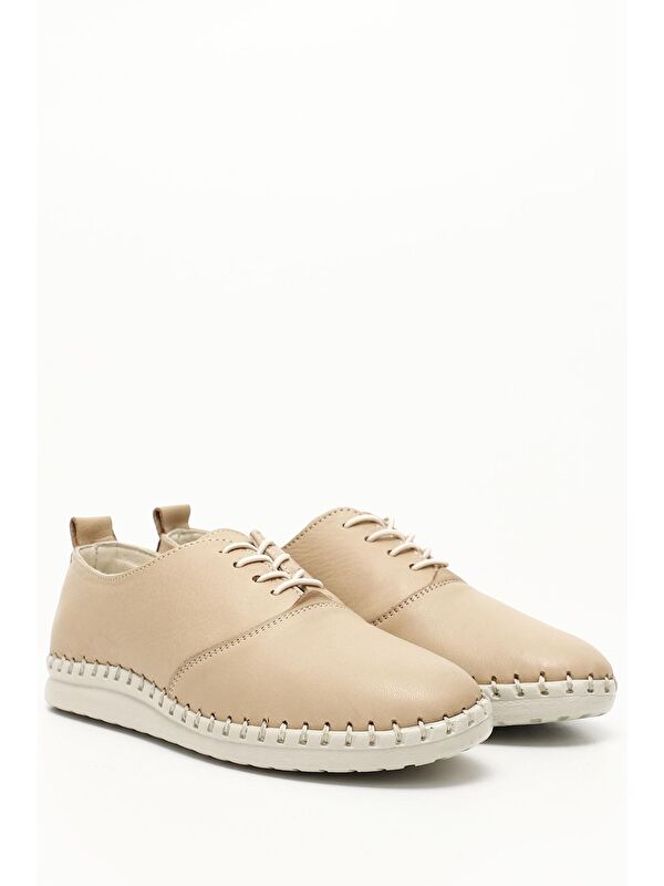 NUDE Hakiki Deri Yuvarlak Burun Dolgu Taban Bağcıklı Kadın Ayakkabı 42642 - Görsel 3