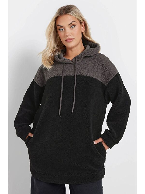 Stil Diva Büyük Beden Uzun Kollu Kapüşonlu ve Cepli Pelüş Sweatshirt 303790