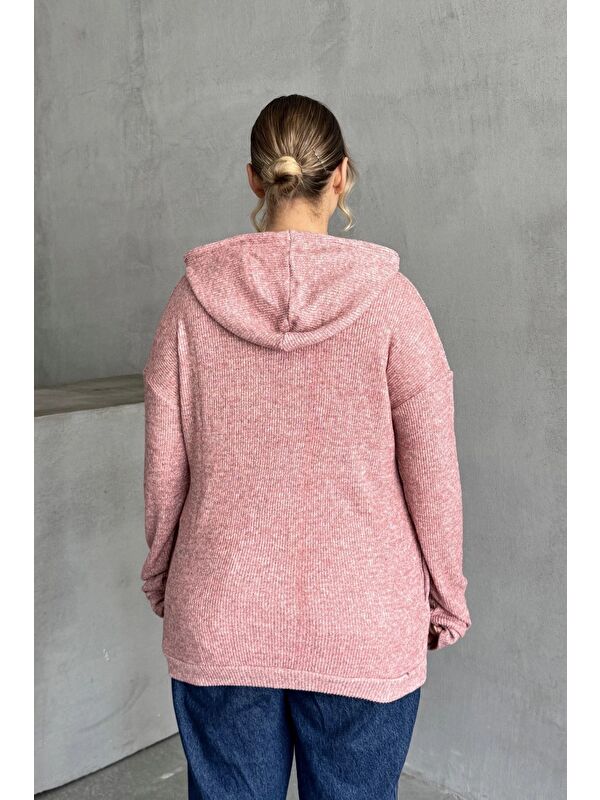 Stil Diva Büyük Beden Uzun Kollu Kapüşonlu Yanları Cepli İnce Örme Sweatshirt 300373