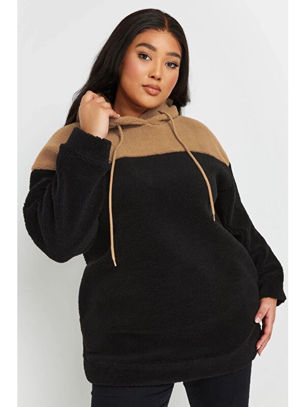 Stil Diva Büyük Beden Uzun Kollu Kapüşonlu ve Cepli Pelüş Sweatshirt 303796