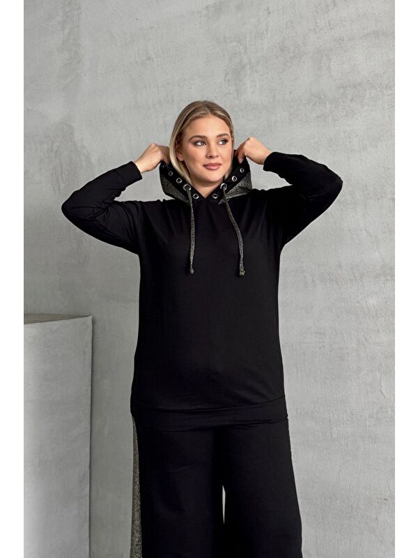 Stil Diva Büyük Beden Uzun Kollu Kapüşonu Desenli Beli Lastikli Sweatshirt 106-73