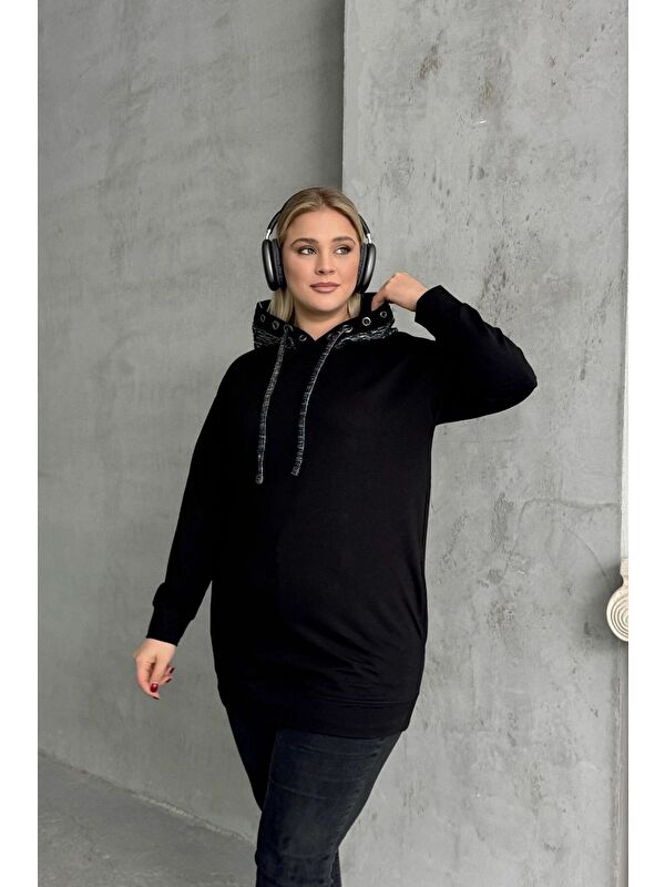 Stil Diva Büyük Beden Uzun Kollu Kapüşonu Desenli Cepli Sweatshirt 106-92