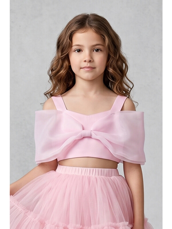 Le Mabelle Pembe Büyük Fiyonklu Kız Çocuk Crop Bluz - Edith
