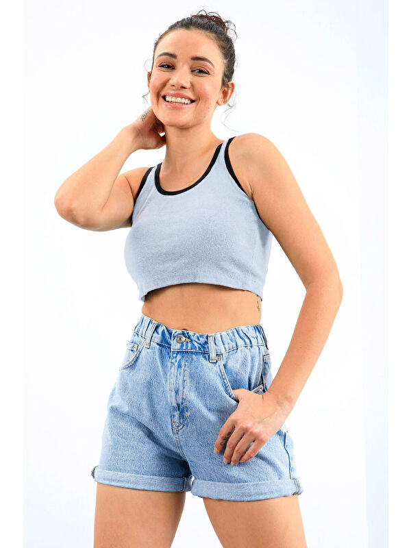Tommylife Gök Mavi Basic Sıfır Kol Dar Kalıp U Yaka Kadın Crop Top Atlet - 97162