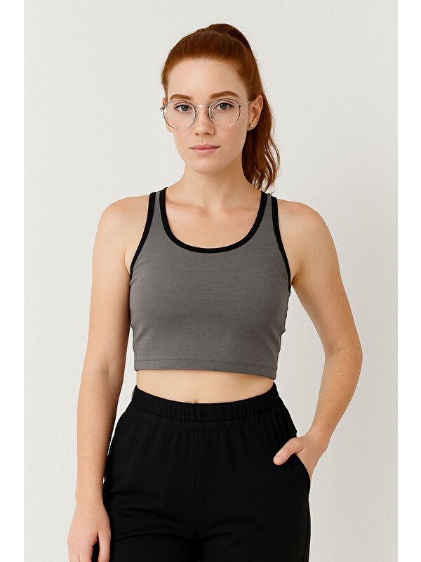 Tommylife Antrasit Melanj Basic Sıfır Kol Dar Kalıp U Yaka Kadın Crop Top Atlet - 97162