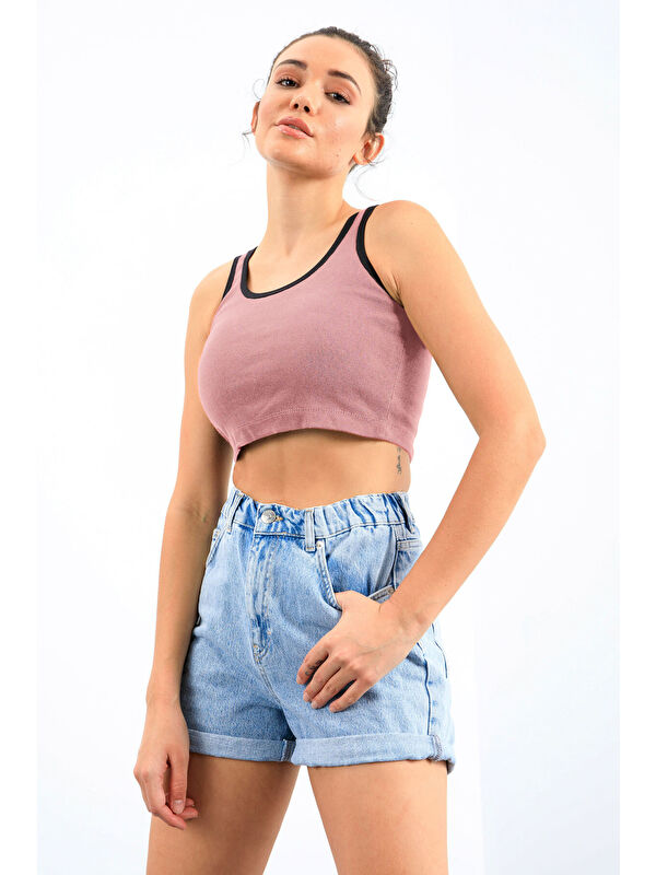 Tommylife Pudra Basic Sıfır Kol Dar Kalıp U Yaka Kadın Crop Top Atlet - 97162