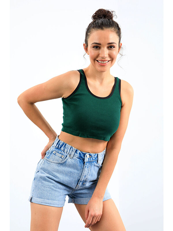 Tommylife Yeşil Basic Sıfır Kol Dar Kalıp U Yaka Kadın Crop Top Atlet - 97162