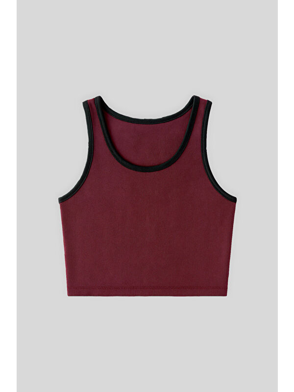 Tommylife Bordo Basic Sıfır Kol Dar Kalıp U Yaka Kadın Crop Top Atlet - 97162