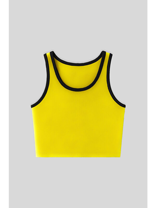 Tommylife Sarı Basic Sıfır Kol Dar Kalıp U Yaka Kadın Crop Top Atlet - 97162