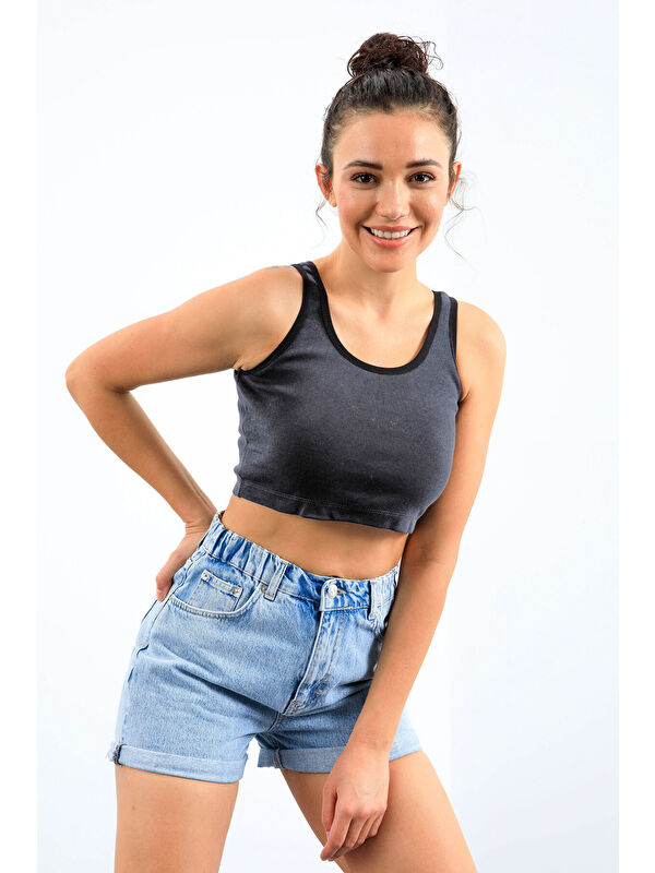 Tommylife Lacivert Melanj Basic Sıfır Kol Dar Kalıp U Yaka Kadın Crop Top Atlet - 97162