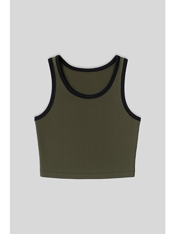Tommylife Haki Basic Sıfır Kol Dar Kalıp U Yaka Kadın Crop Top Atlet - 97160