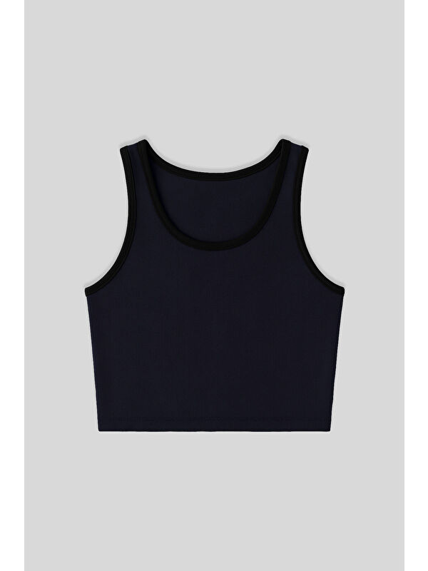 Tommylife Lacivert Basic Sıfır Kol Dar Kalıp U Yaka Kadın Crop Top Atlet - 97162