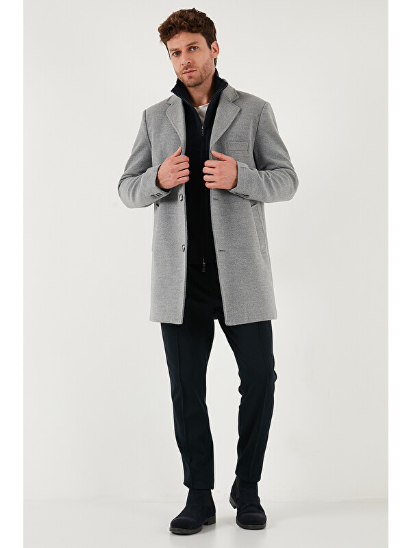 Buratti Slim Fit Tek Yırtmaçlı Düğmeli Mono Yaka Kaşe Erkek Kaban 5840098