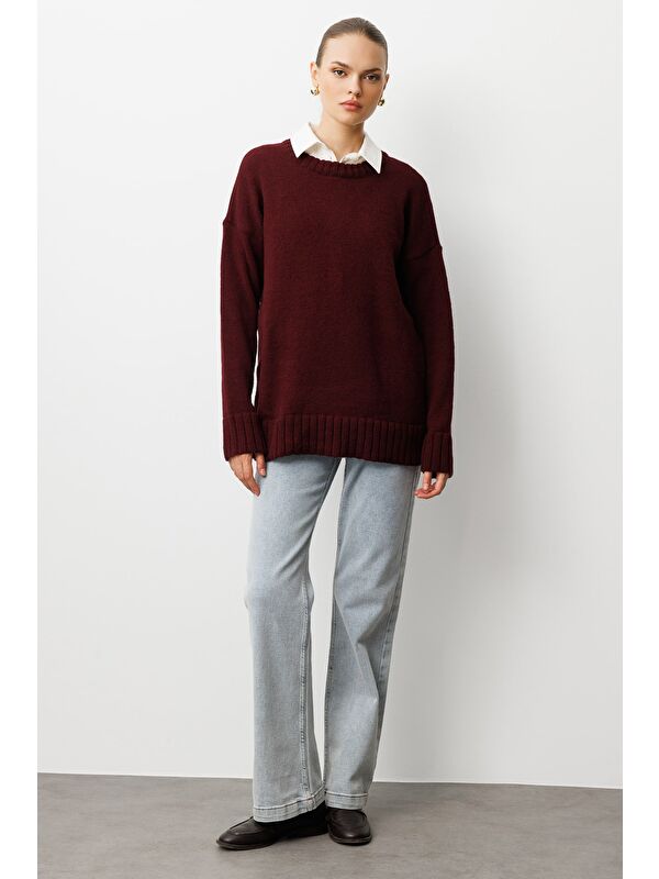 Mizalle Yuvarlak Yaka Oversize Bordo Triko Kazak