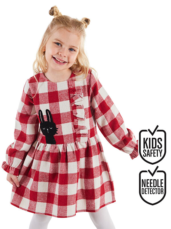 Denokids Tavşan Ekose Kalın Dokuma Kız Çocuk Elbise