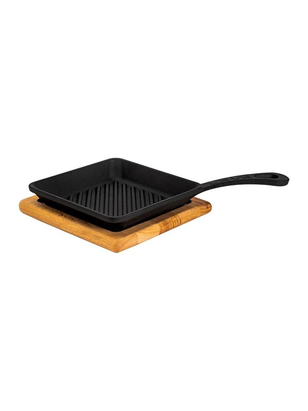LAVA Mini Kare Izgara Tava Kayın Ahşap Altlıklı Döküm Demir Yekpare Saplı Ölçü 16x16cm.