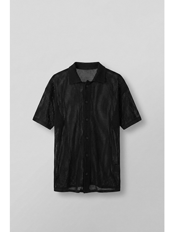 Abluka Online Erkek Oversize İnce Triko Gömlek Siyah