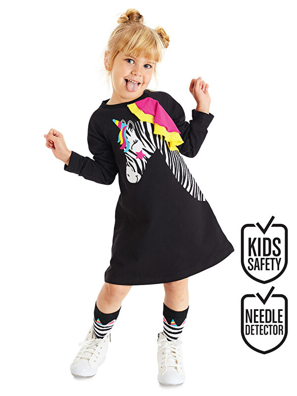 Denokids Zebra Siyah Kız Çocuk Fırfırlı Elbise