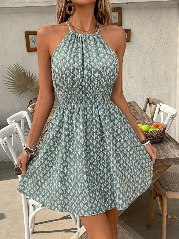 Jane's Kadın Omuzlardan Açık Boyun Arkasından Bağcıklı Beli Lastikli Kısa Süprem Elbise