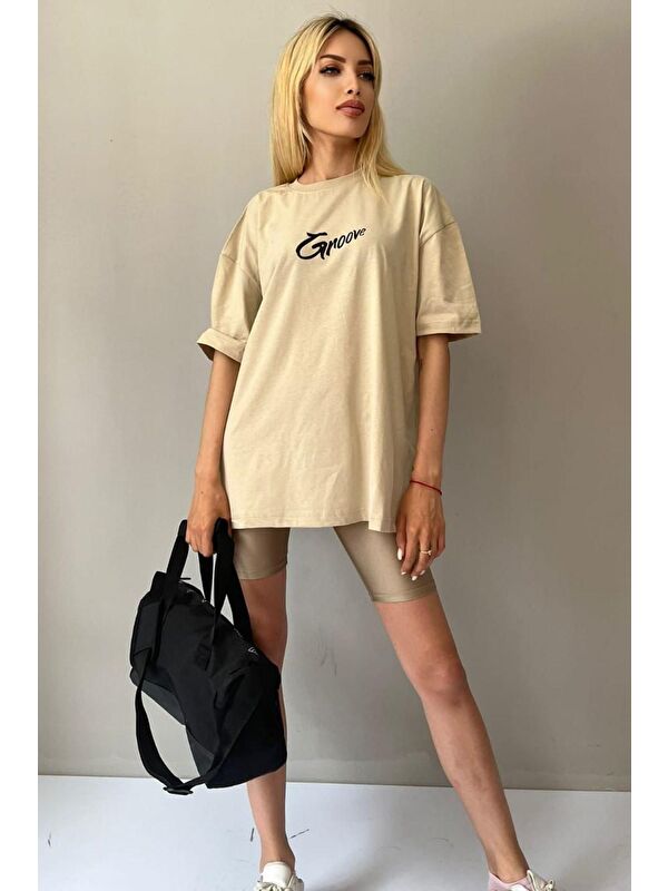 Madmext Bej Baskılı Oversize Tişört Mg1491