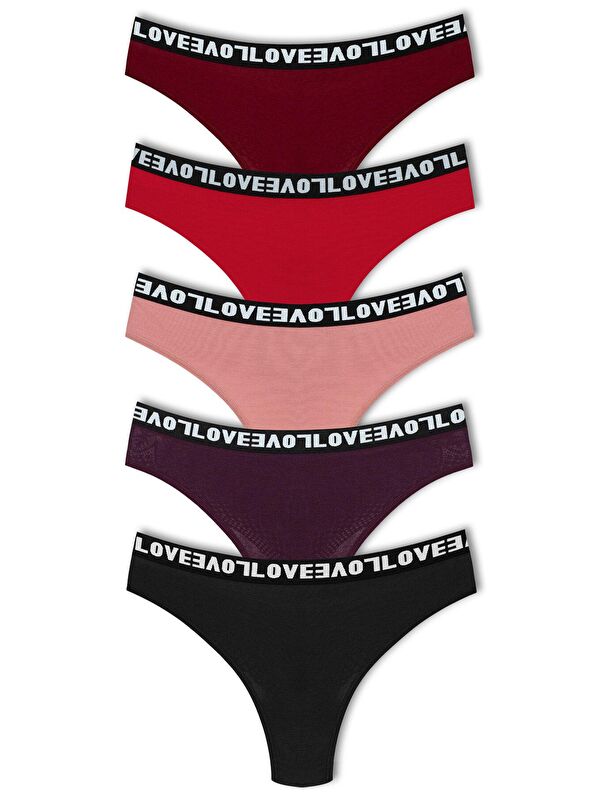 Hnx Pamuklu Arkası Dantel LOVE Lastik Tanga Kadın Külot 5'li