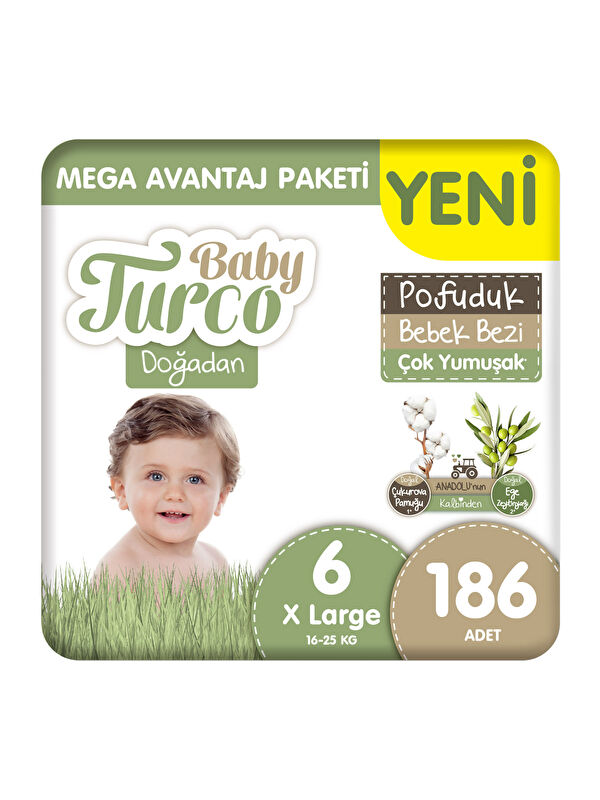 Baby Turco Doğadan Mega Avantaj Paketi Pofuduk Bebek Bezi 6 Numara Xlarge 186 Adet