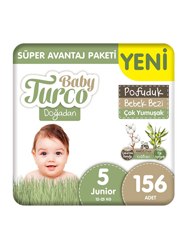 Baby Turco Doğadan Süper Avantaj Paketi Pofuduk Bebek Bezi 5 Numara Junior 156 Adet