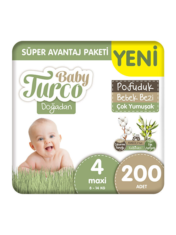 Baby Turco Doğadan Süper Avantaj Paketi Pofuduk Bebek Bezi 4 Numara Maxi 200 Adet