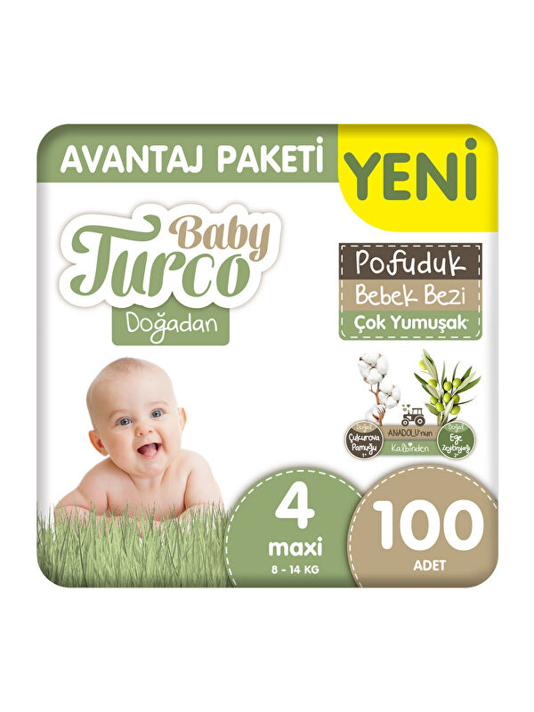 Baby Turco Doğadan Avantaj Paketi Pofuduk Bebek Bezi 4 Numara Maxi 100 Adet