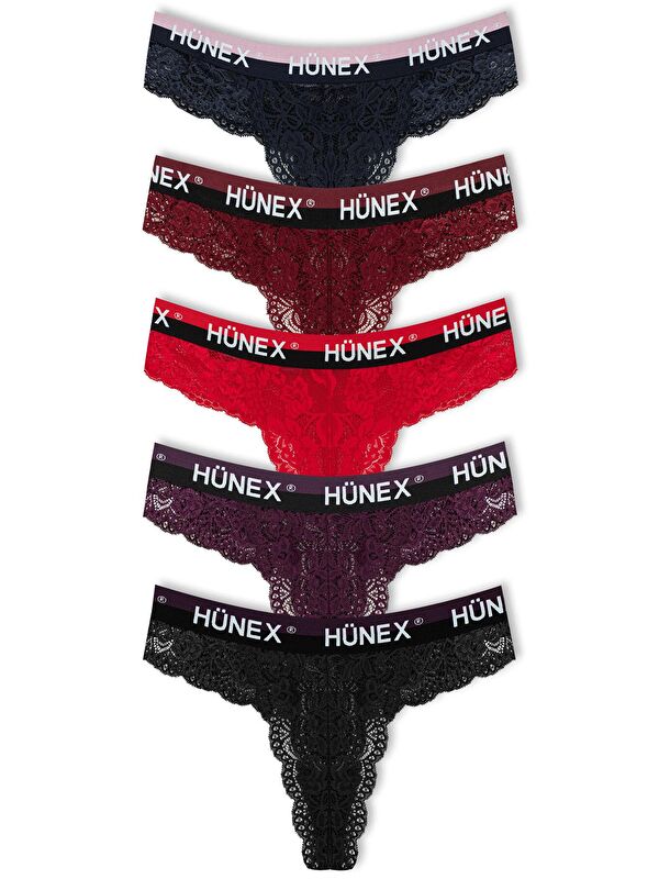 Hnx Dantelli Yazılı Lastik Tanga Kadın Külot 5'Li