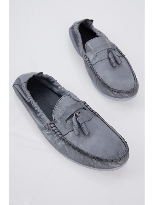 Erkek Gri Önü Püsküllü Arkası Lastikli Rahat Kalıp Hakiki Deri Loafer - Görsel 3