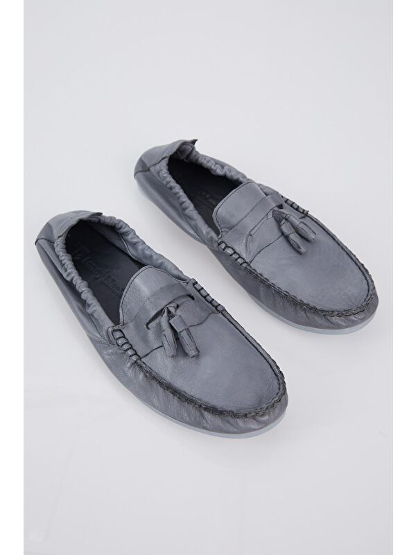 Erkek Gri Önü Püsküllü Arkası Lastikli Rahat Kalıp Hakiki Deri Loafer - Görsel 5