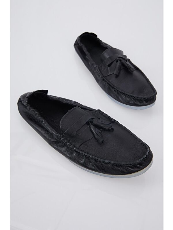 Erkek Siyah Önü Püsküllü Arkası Lastikli Rahat Kalıp Hakiki Deri Loafer - Görsel 3