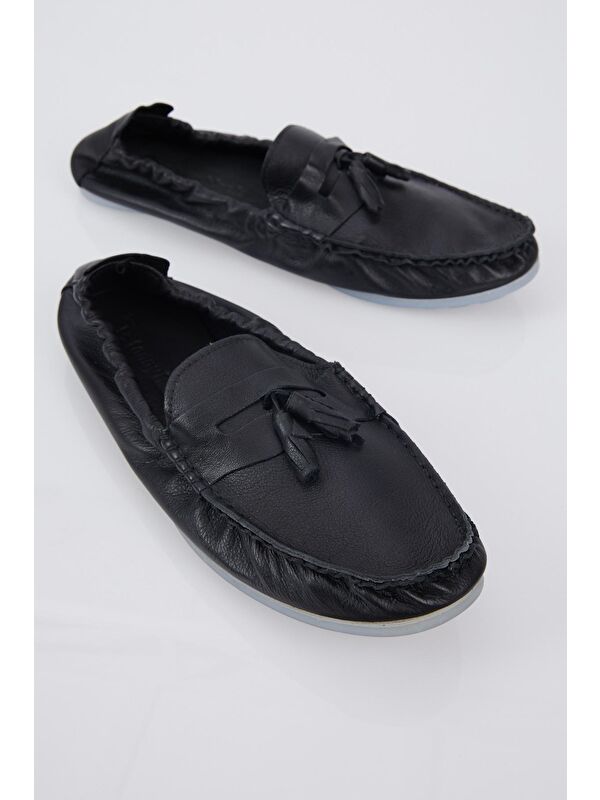 Erkek Siyah Önü Püsküllü Arkası Lastikli Rahat Kalıp Hakiki Deri Loafer - Görsel 4